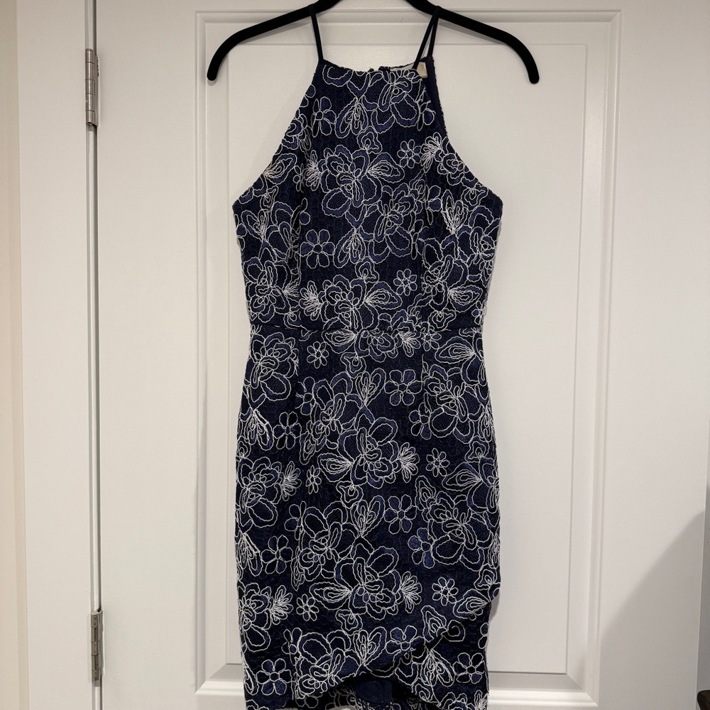 Boubou Navy Blue Floral Lace Halter Dress Size Medium Bodycon Cocktail Party